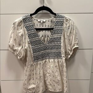 Madewell White and Blue Puff Sleeve Smocked Blouse